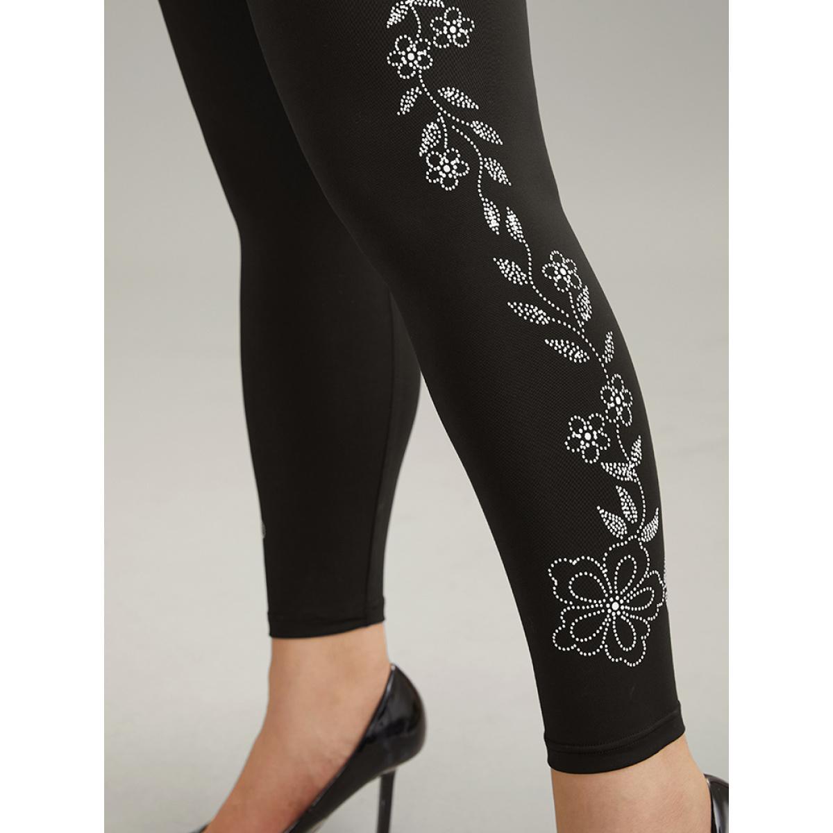 Plus Size Floral Rhinestone Patchwork High Rise Leggings Women Black Casual High stretch Skinny High Rise Dailywear Leggings BloomChic 22-24/3X Product Image