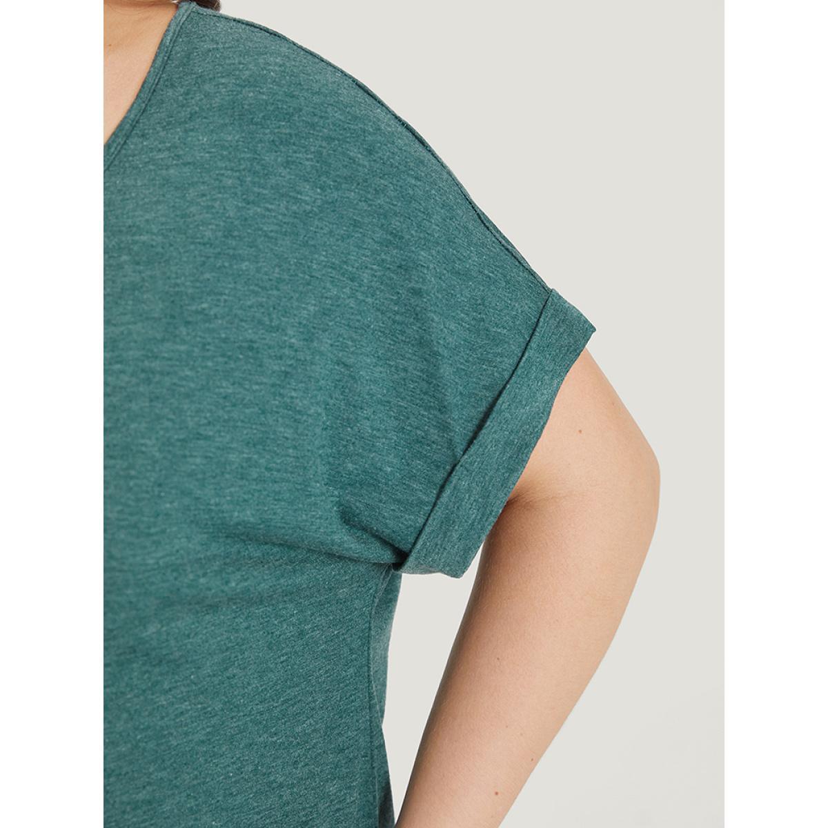 Plus Size Plain V Neck Button Detail Roll Dolman Sleeve T-shirt Cyan Women Casual Plain Plain V-neck Dailywear T-shirts BloomChic 12/L Product Image