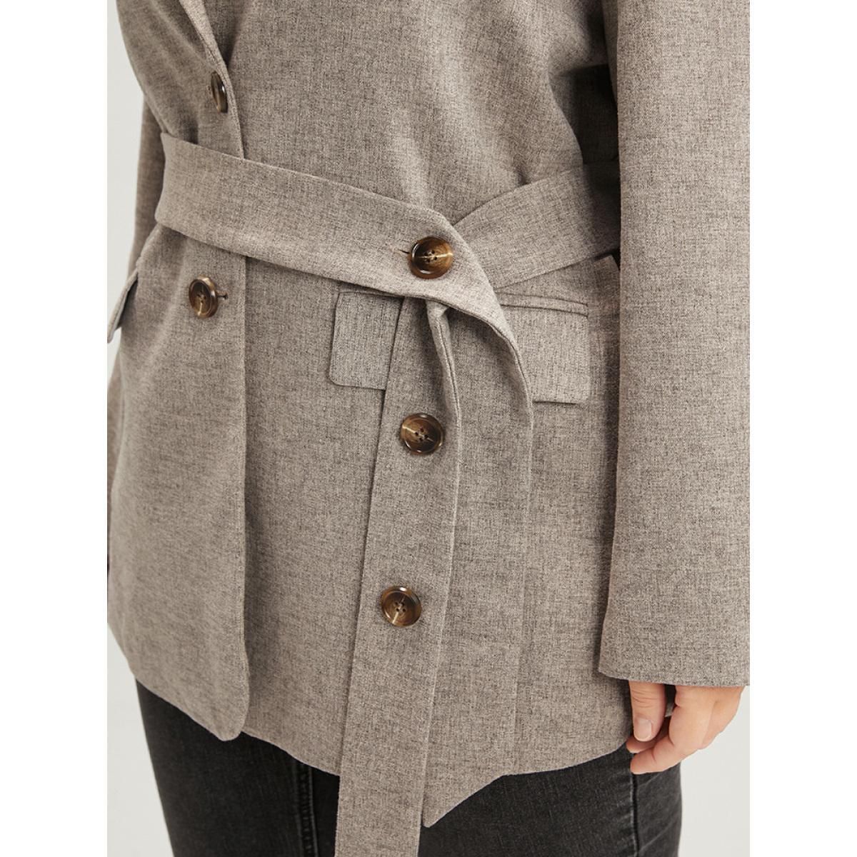 Plus Size Solid Button Suit Collar Belted Flap Pocket Blazer LightGray Women Work Plain Sleeve Long Sleeve Suit Collar 18-20/2X Pocket Belt Office Blazers BloomChic Product Image