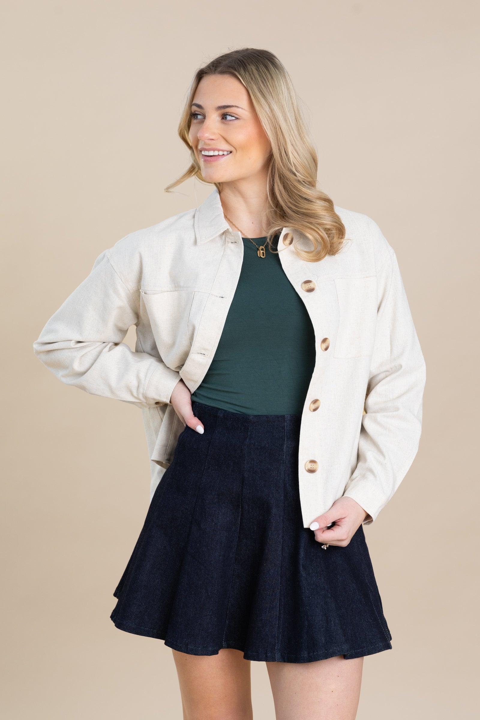 Beige Linen Front Pockets Jacket Product Image