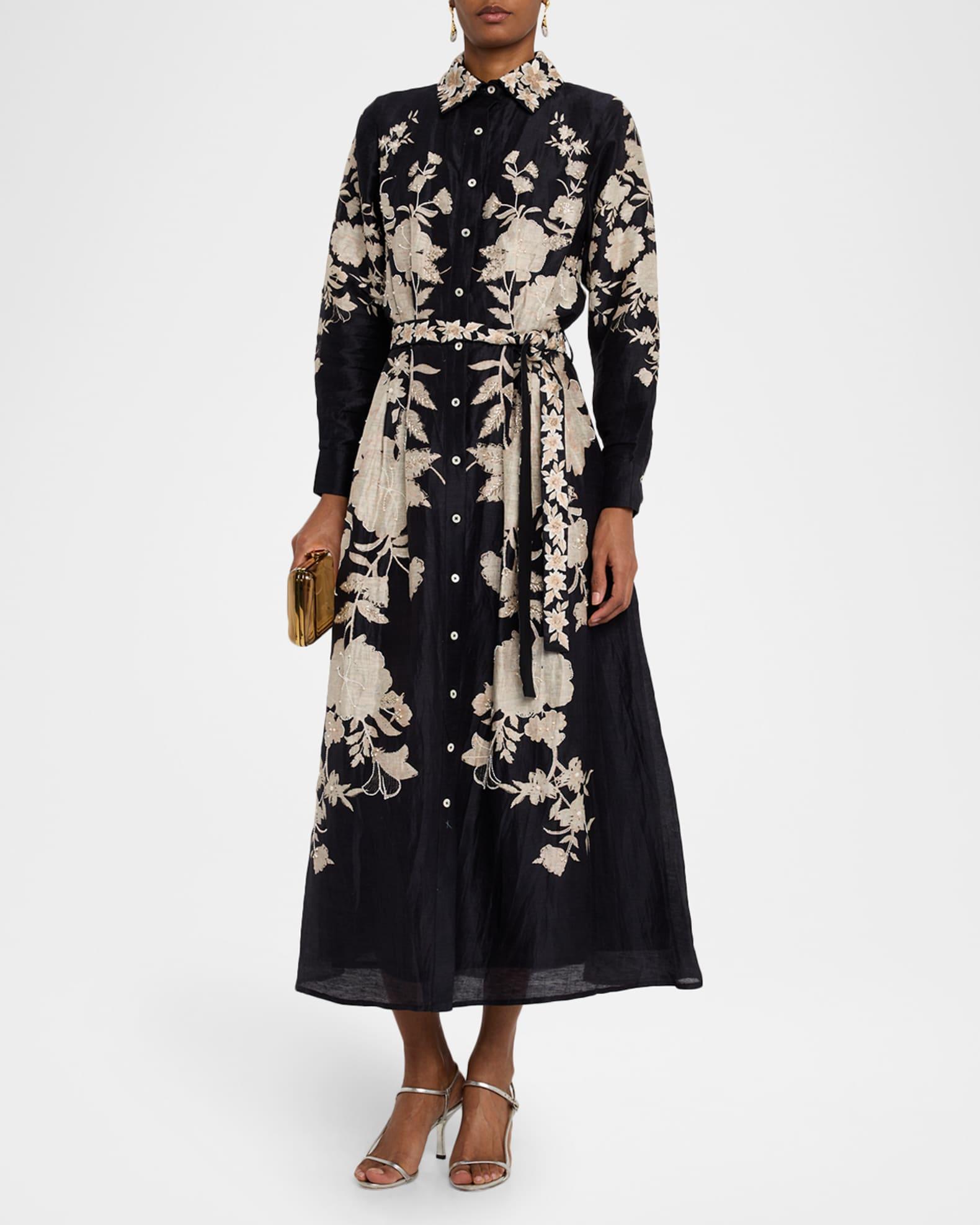 Embellished Floral Silk-Linen Organza Midi Shirtdress With Belt Product Image