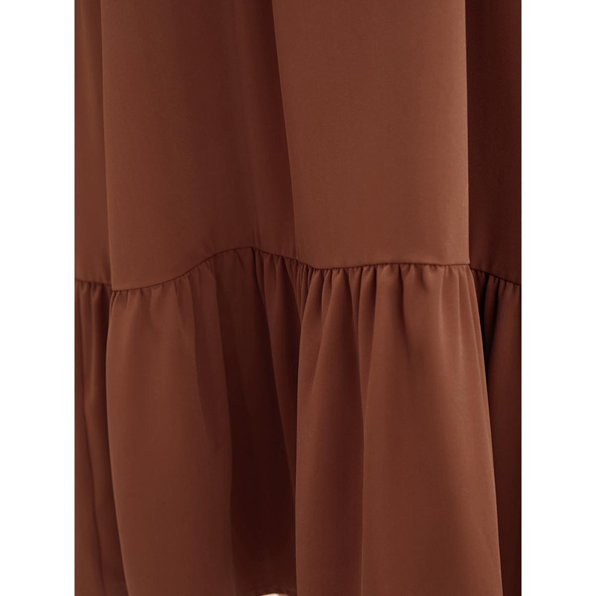 Plus Size Solid V Neck Pocket Contrast Lace Ruffle Hem Dress Russet Women Office Patchwork V-neck Long Sleeve Curvy Midi Dress BloomChic 14-16/1X Product Image