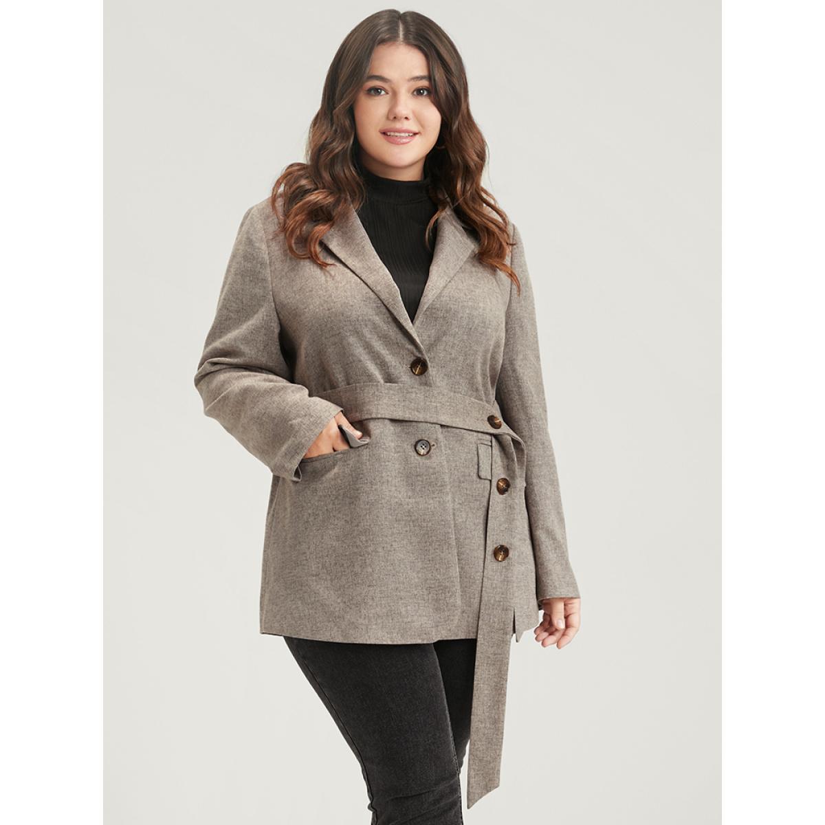 Plus Size Solid Button Suit Collar Belted Flap Pocket Blazer LightGray Women Work Plain Sleeve Long Sleeve Suit Collar 18-20/2X Pocket Belt Office Blazers BloomChic Product Image