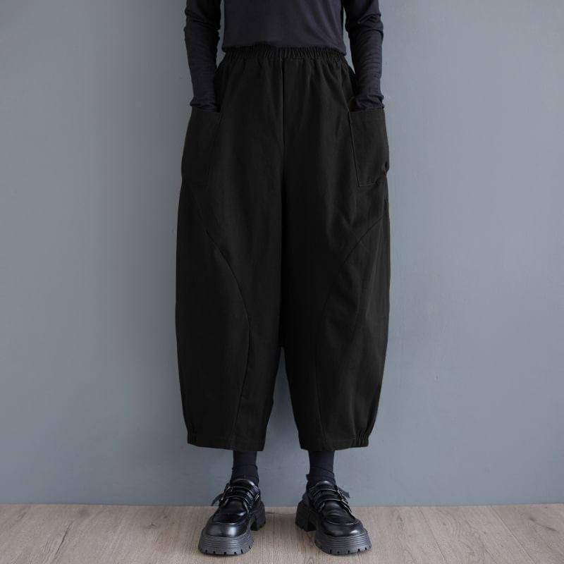 Elastic Waist Plain Cropped Baggy Pants Product Image