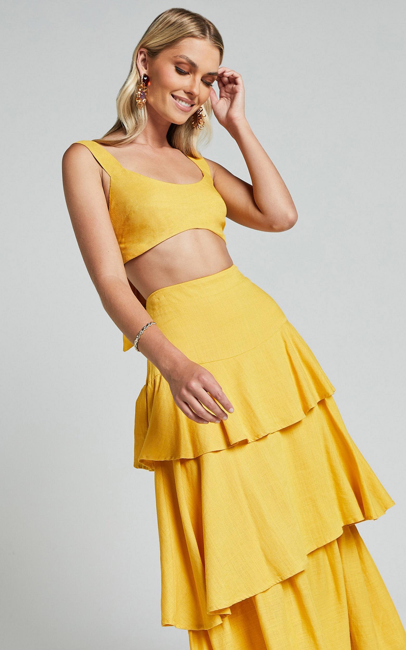 Amalie The Label - Kaleigh Linen Blend Bralette and Tiered Maxi Skirt Two Piece Set in Yellow Product Image