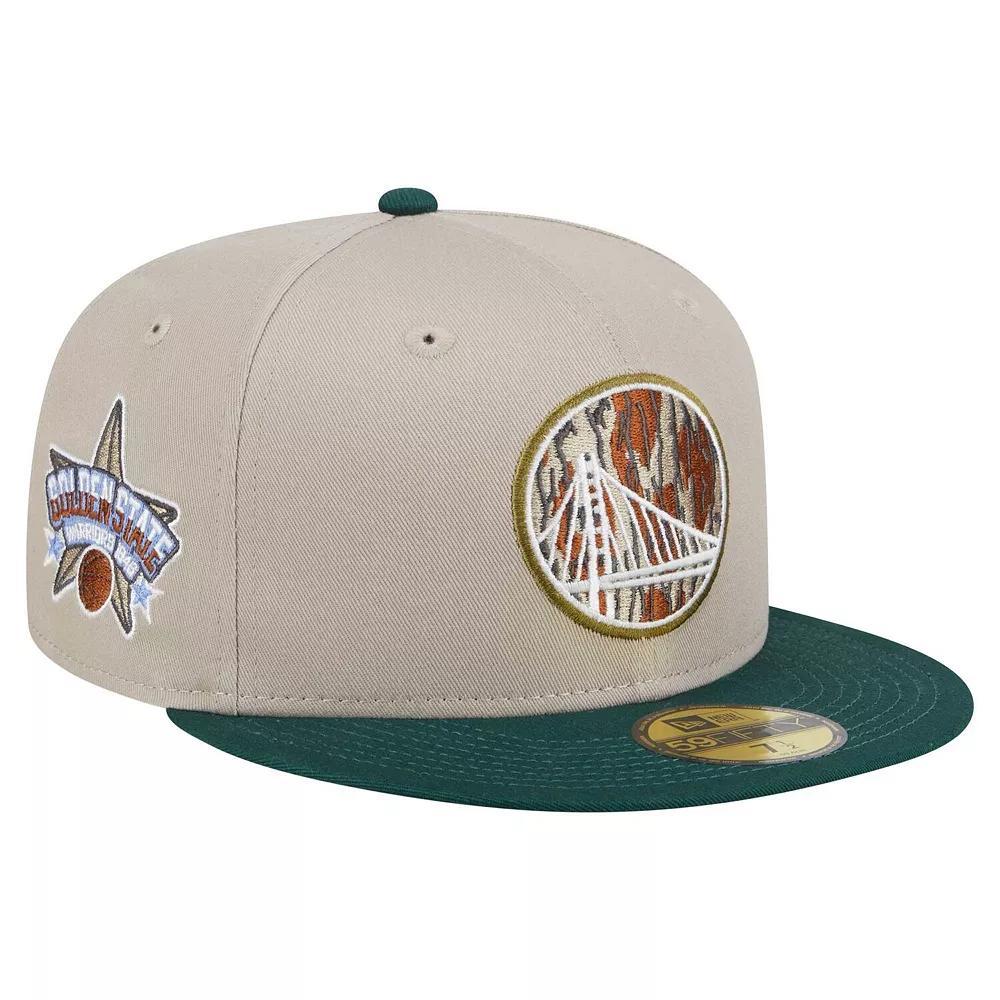 Men's New Era  Natural/Hunter Green Golden State Warriors Lifestyle Tree Bark 59FIFTY Fitted Hat, Size: 7 3/8, Beige Product Image