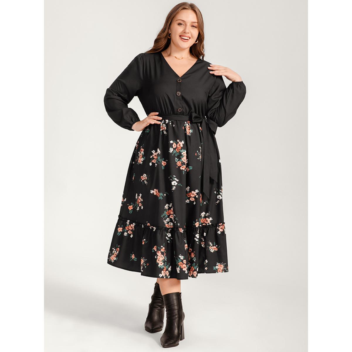 Plus Size Floral Lantern Sleeve Pocket Belted Wrap Flutter Dress Black Women Elegant Belted V-neck Long Sleeve Curvy Midi Dress BloomChic 14-16/1X Product Image