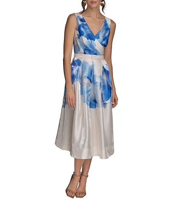 Donna Karan Shimmer Mikado V Neck Sleeveless Belted A Line Midi Dress Product Image