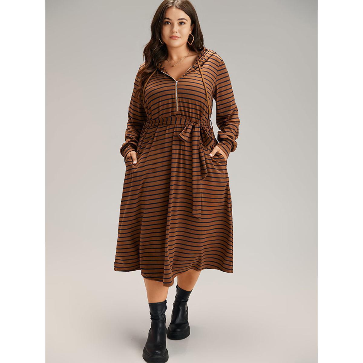 Plus Size Striped Belted Zipper Drawstring Dress Brown Women Casual Belted Hooded Long Sleeve Curvy Midi Dress BloomChic 10/M Product Image