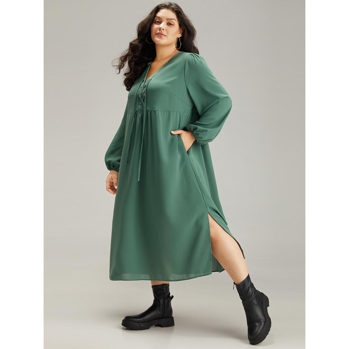 Plus Size Plain Lace Up Split Hem Lantern Sleeve Dress Mint Women Casual Elastic cuffs Tie Neck Long Sleeve Curvy Midi Dress BloomChic 26/4X Product Image