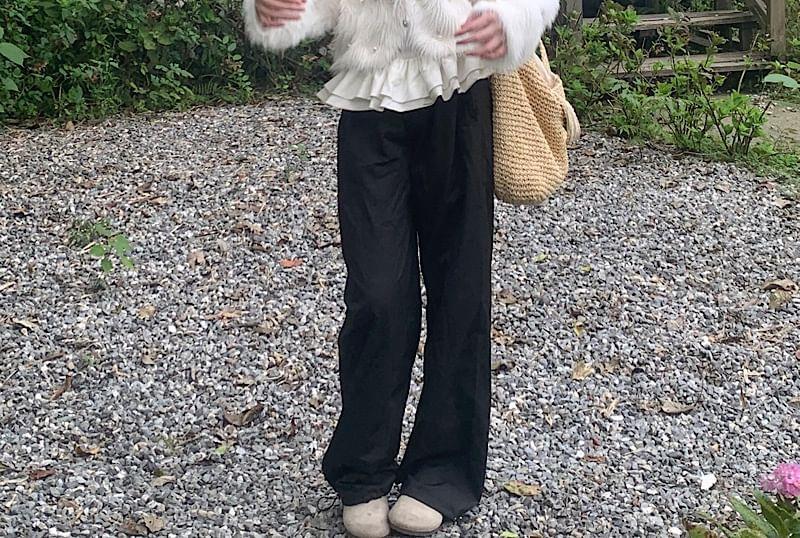 V-Neck Furry Beaded Crop Cardigan Product Image