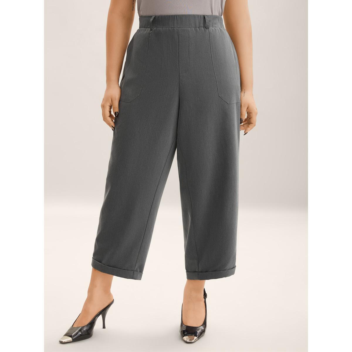 Plus Size Mid Waist Rolled Hem Straight-Leg Solid Pants Women DimGray At the Office Straight Leg Mid Rise Work Pants BloomChic 30/6X Product Image