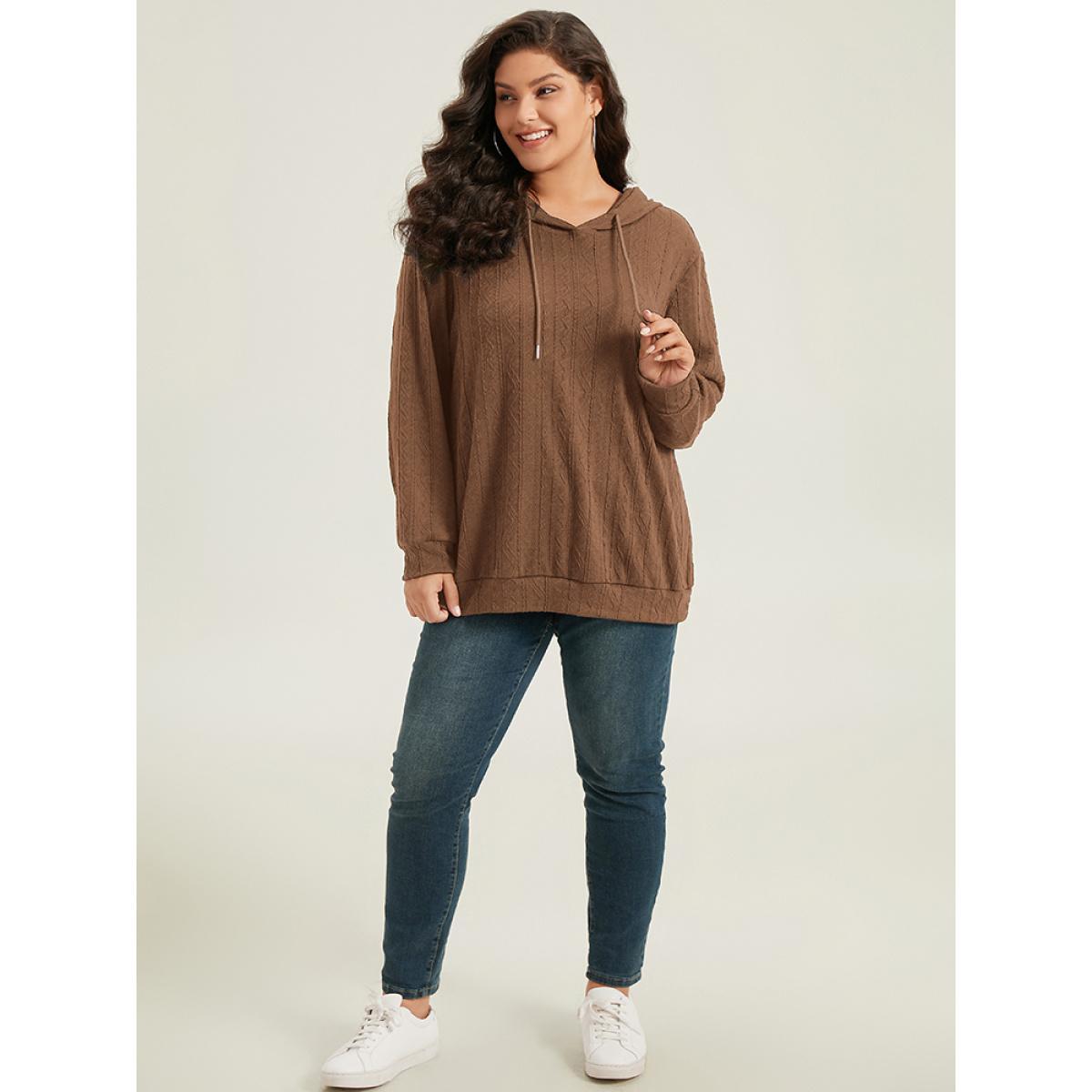 Plus Size Plain Textured Hooded Drawstring Sweatshirt Women DarkBrown Casual Elastic cuffs Hooded Everyday Sweatshirts BloomChic 28/5X Product Image