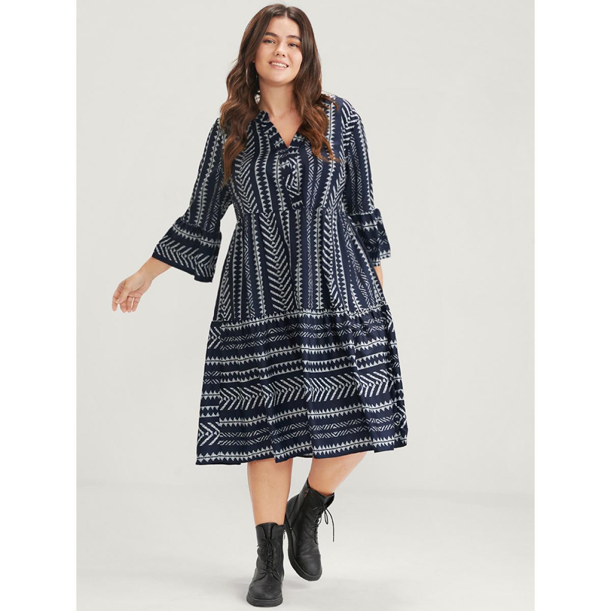 Plus Size Bloom Dress -Geometric Pocket Ruffles V Neck Knee Dress DarkBlue Women Vacation Pocket V-neck Elbow-length sleeve Curvy Knee Dress BloomChic 12/L Product Image