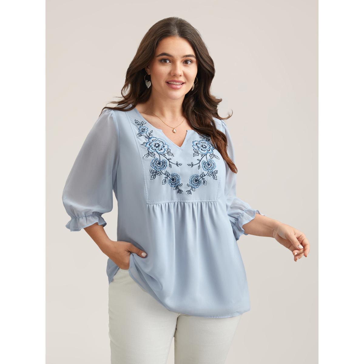 Plus Size LightBlue Chiffon Embroidery Puff Sleeve Pleated Shirt Women Elegant Elbow-length sleeve Notched collar Everyday Blouses BloomChic 26/4X Product Image