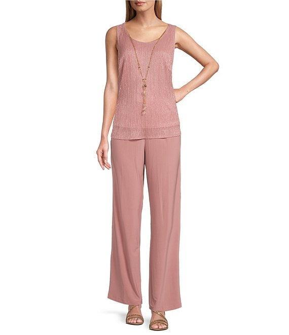 R & M Richards Pleated Crinkle Metallic Scoop Neck 3/4 Sleeve 3-Piece Pant Set Product Image