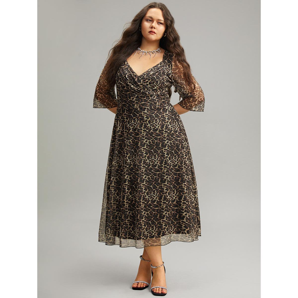Plus Size Leopard Print Mesh Patchwork V Neck Dress Leopard Women Glamour See through V-neck Elbow-length sleeve Curvy Midi Dress BloomChic 30/6X Product Image
