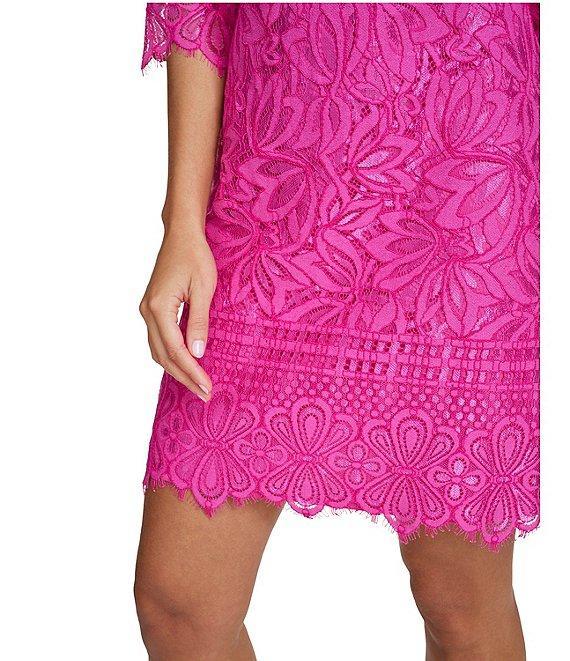 Kensie 3/4 Illusion Sleeve Contrasting Corded Floral Lace Scalloped Hem Sheath Dress Product Image