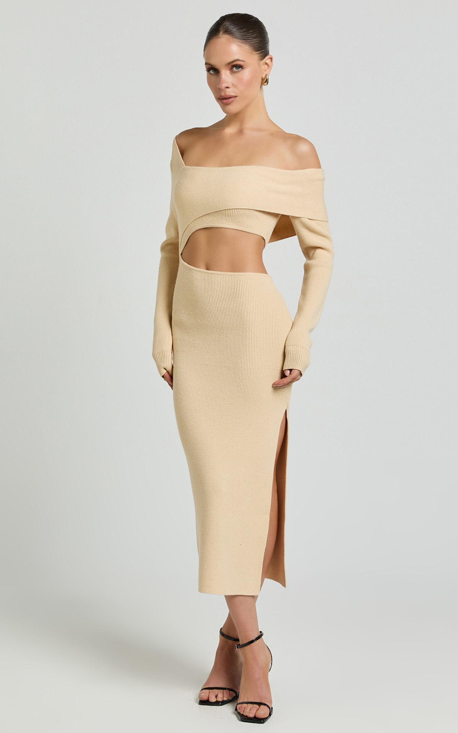 Alabama Midi Dress - Off One Shoulder Asymmetric Long Sleeve Knit Dress in Sand Product Image