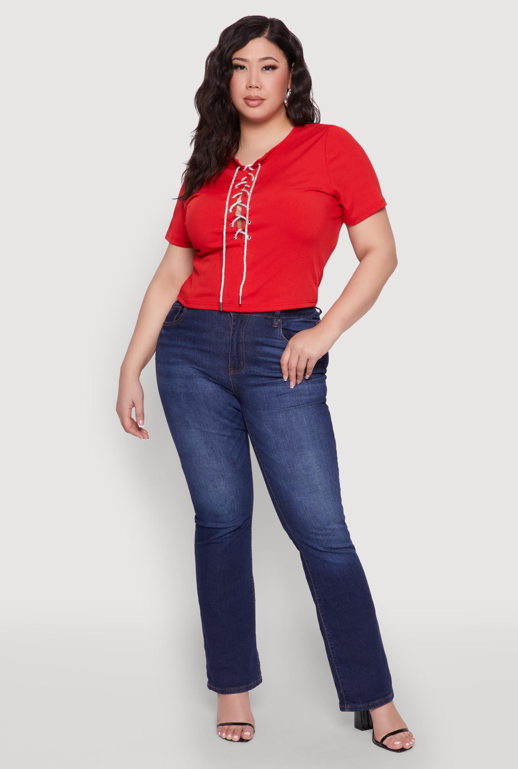Womens Plus Size Rhinestone Lace Up Short Sleeve Top Product Image