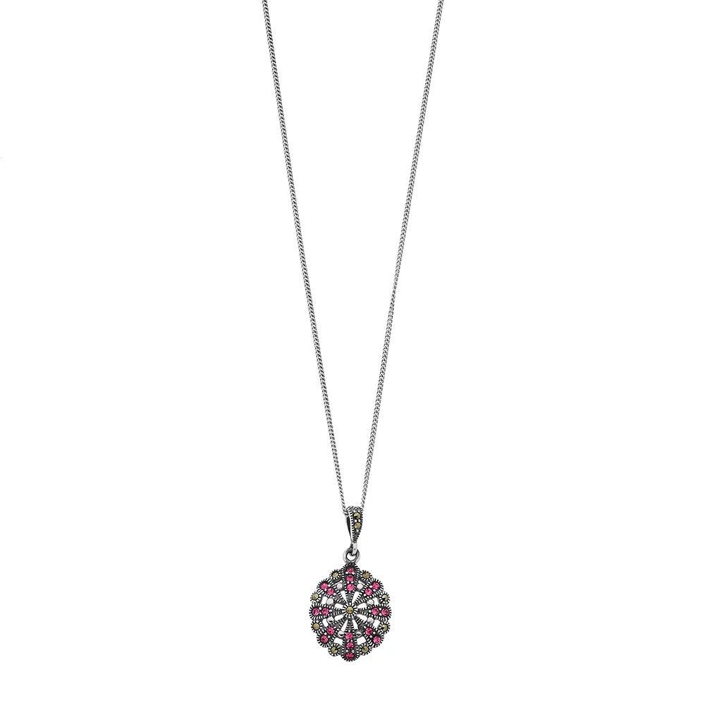 Tori Hill Marcasite & Pink Crystal Oval Pendant Necklace, Women's, Size: 18", Silvertone Product Image