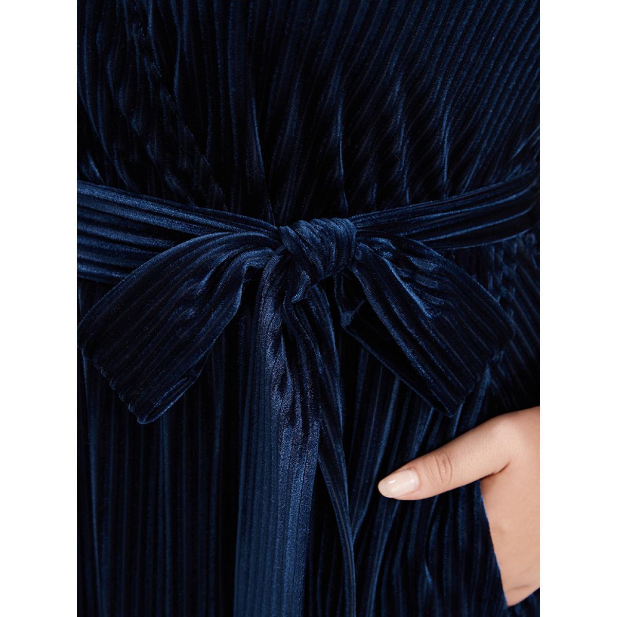 Plus Size Striped Velvet Pocket Lantern Sleeve Belted Wrap Dress DarkBlue Women Glamour Pocket V-neck Long Sleeve Curvy Midi Dress BloomChic 26/4X Product Image