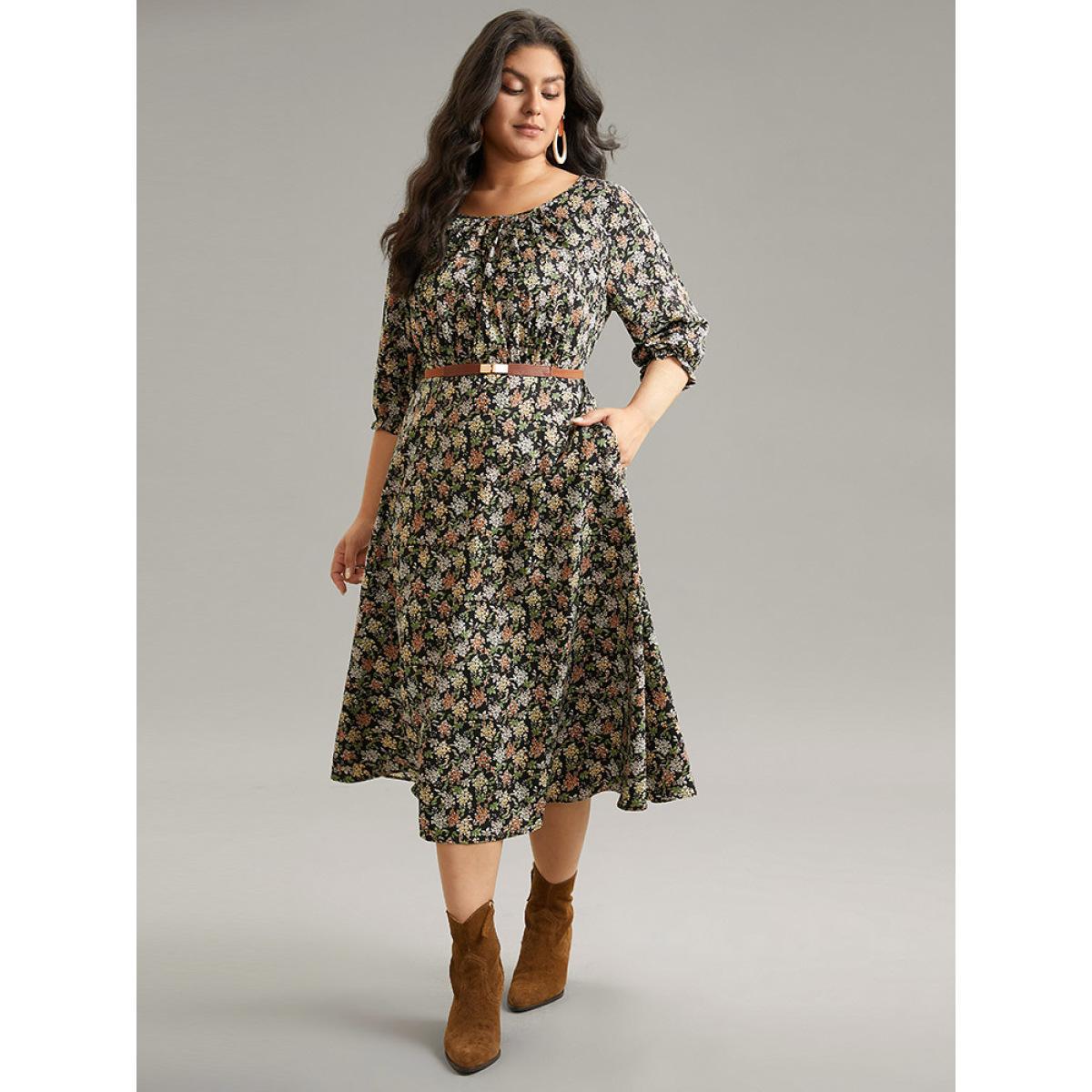 Plus Size Ditsy Floral Elastic Waist Pleated Dress Multicolor Women Vacation Printed Round Neck Elbow-length sleeve Curvy Midi Dress BloomChic 26/4X Product Image
