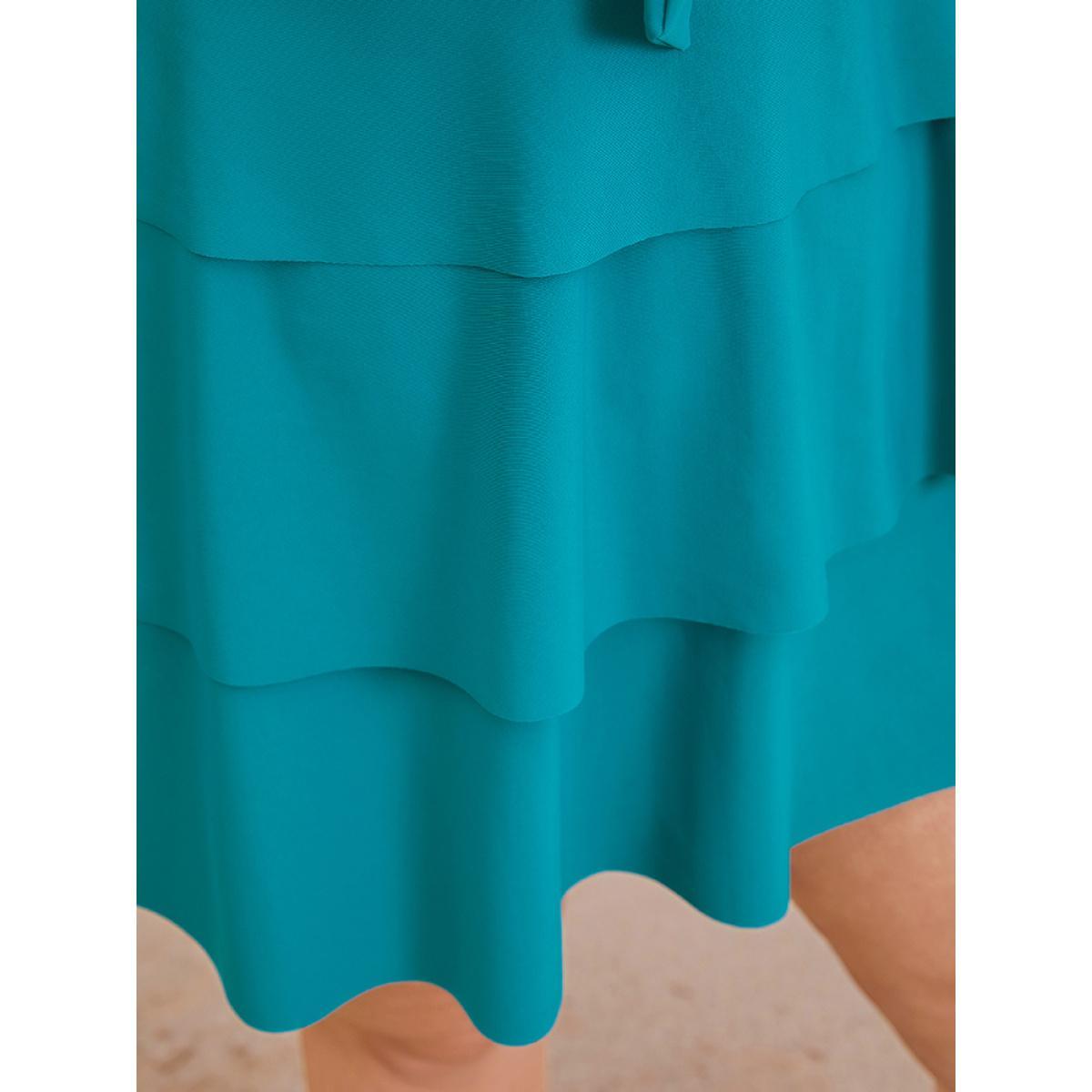Plus Size Ruched Ruffle Tiered Knot Front Swim Dress Women's Swimwear Cerulean Vacation Bodycon V-neck High stretch Curve Swim Dresses BloomChic 14-16/1X Product Image