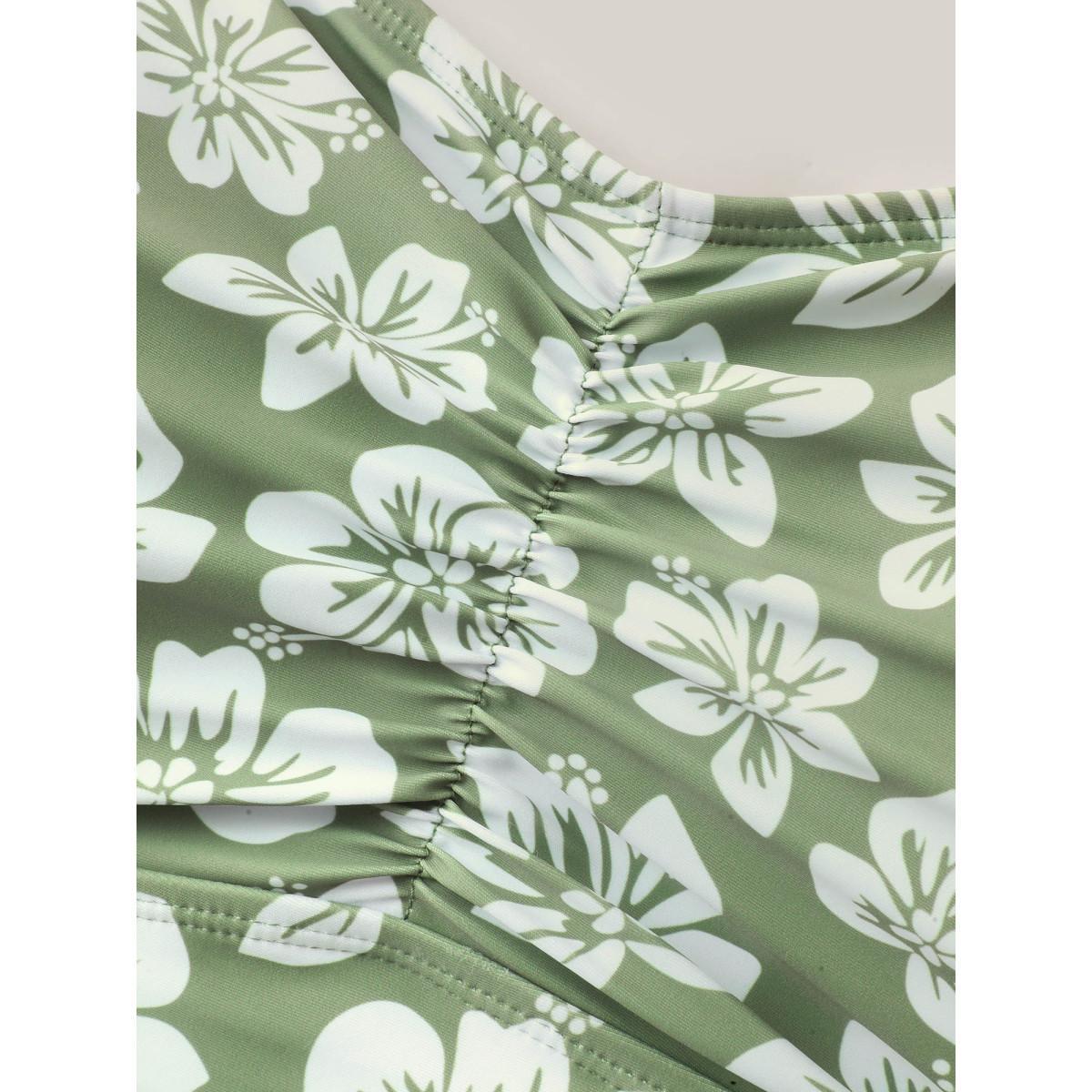 Plus Size Serene Floral Pattern Pleated Swim Dress Women's Swimwear Greenbean Beach Bodycon Heart neckline High stretch Curve Swim Dresses BloomChic 30/6X Product Image