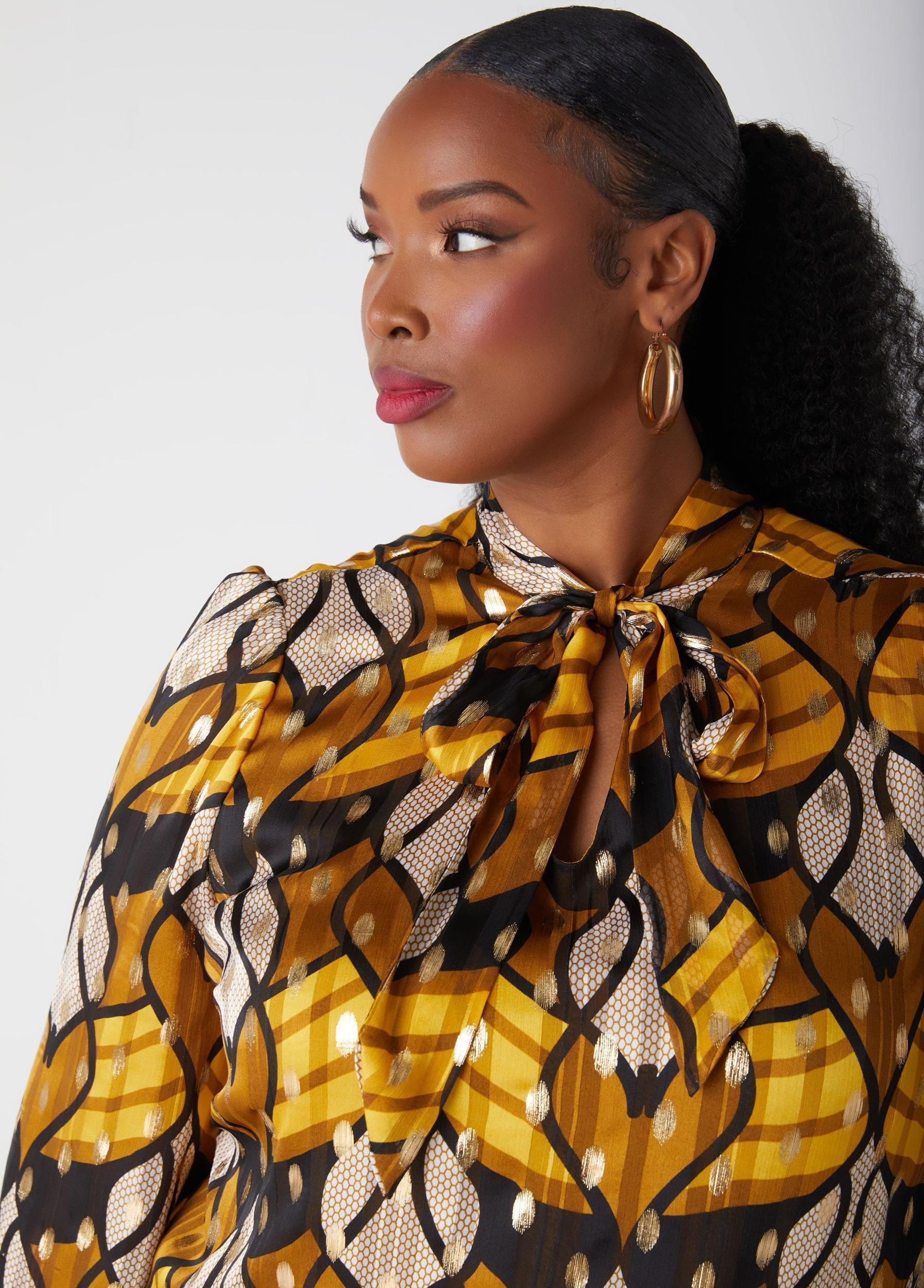 Neck Tie Metallic Printed Blouse Product Image