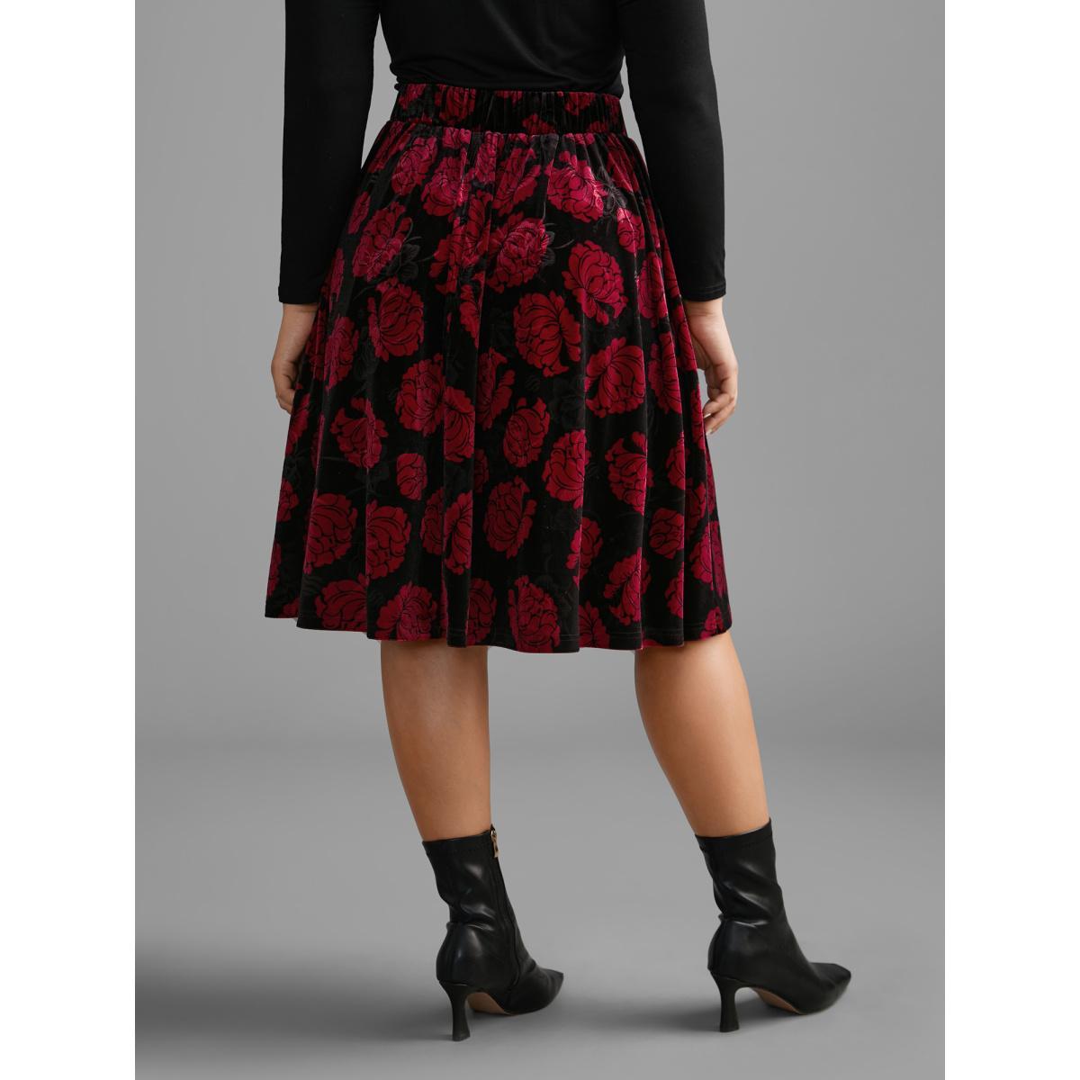 Plus Size Velvet Floral Elastic Waist Skirt Women BlackFlower Elegant Loose Low stretch Side seam pocket Everyday Skirts BloomChic 30/6X Product Image