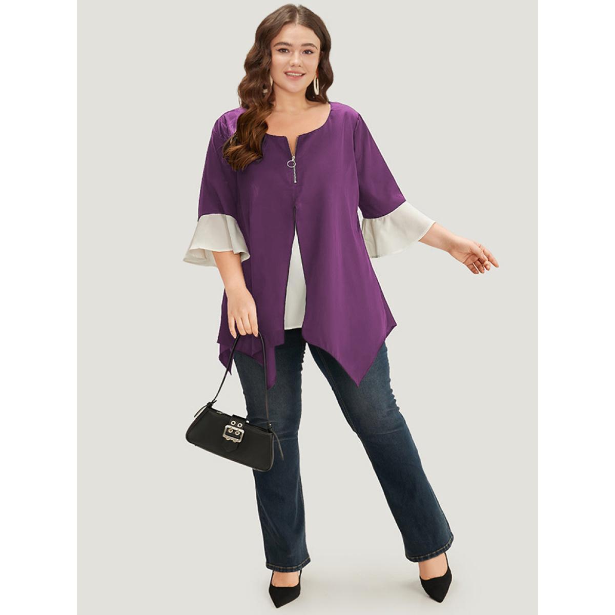 Plus Size Purple Anti-Wrinkle Contrast Zip Up Flutter Sleeve Hanky Hem Blouse Women Office Half Sleeve Round Neck Work Blouses BloomChic 30/6X Product Image