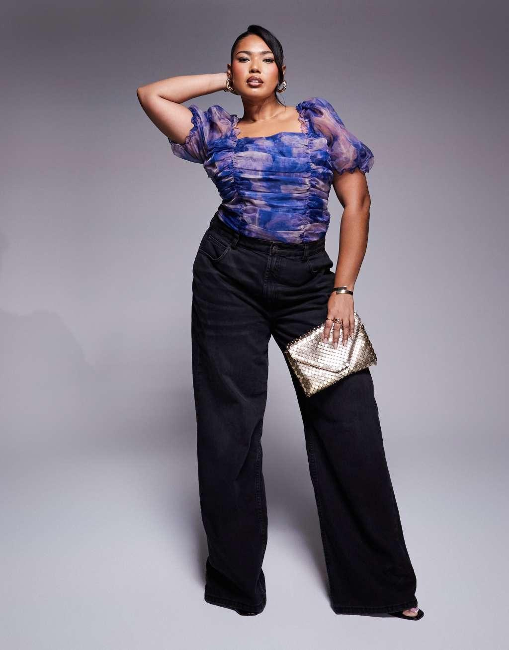 In The Style Plus puff sleeve organza bodysuit in purple print Product Image