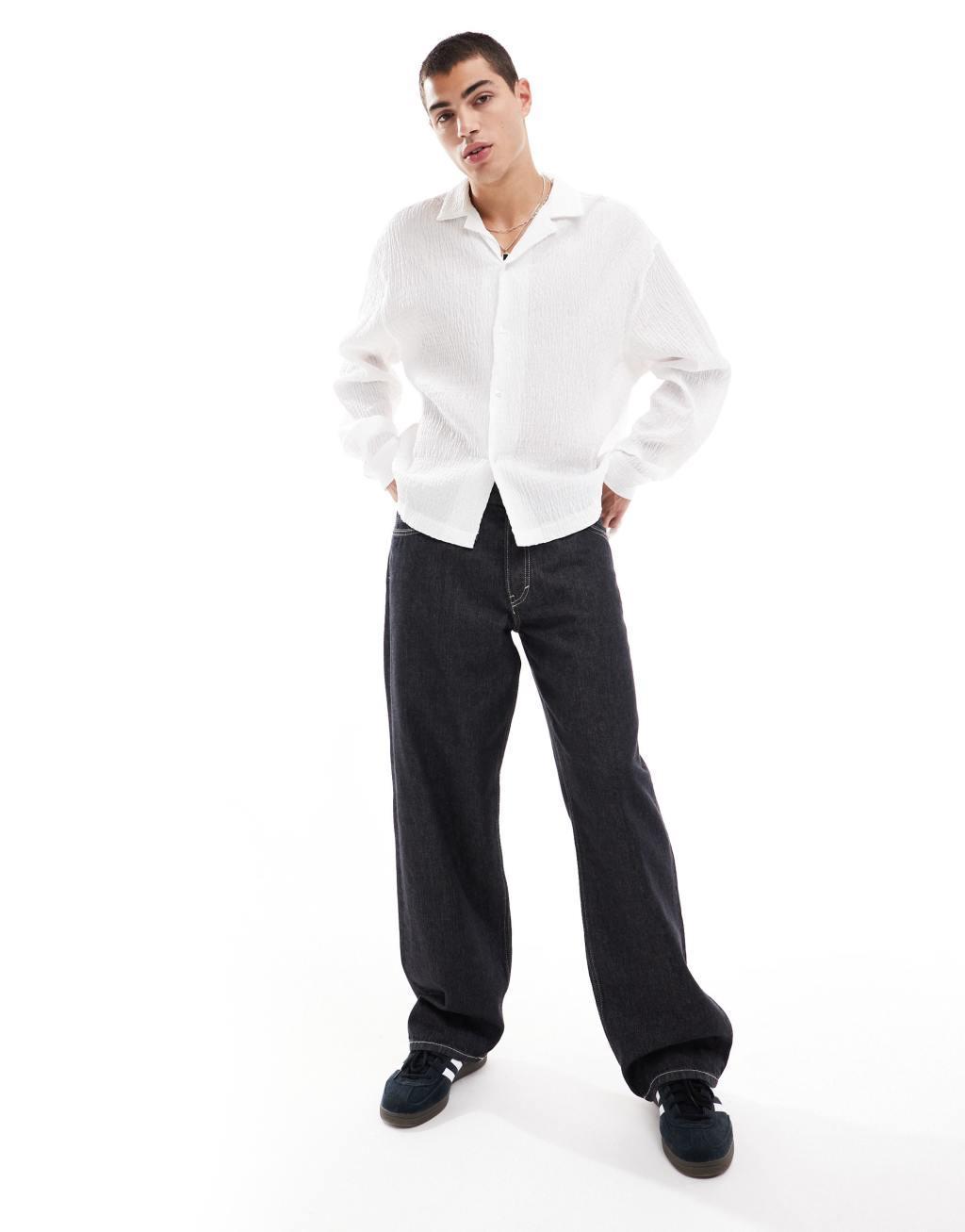 ASOS DESIGN oversized boxy seersucker shirt in beige Product Image