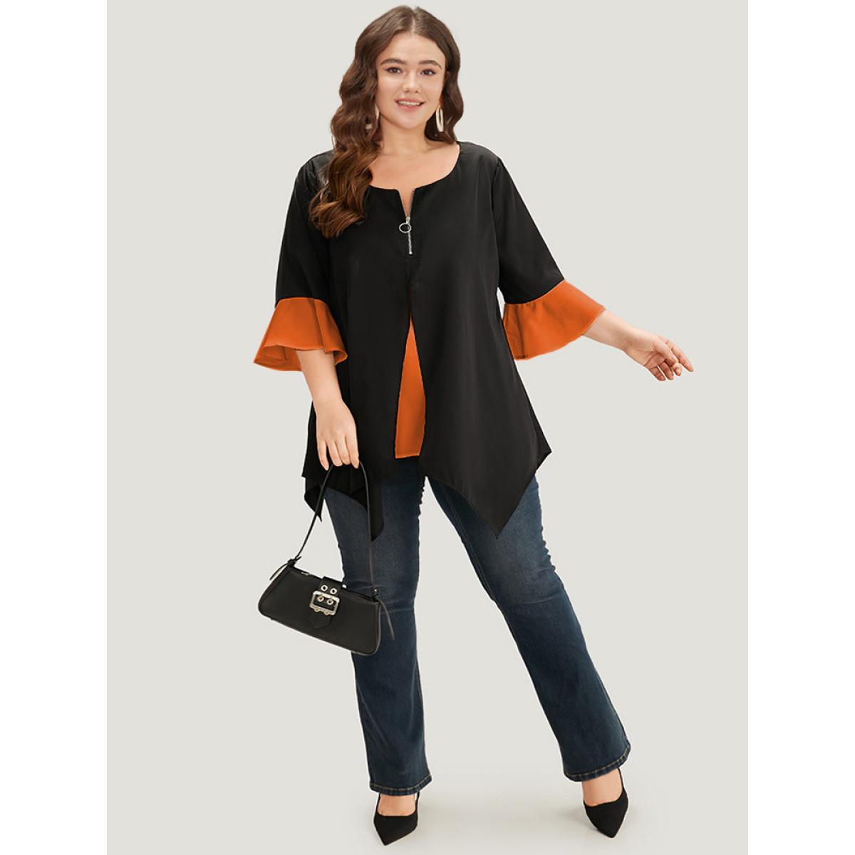 Plus Size Chocolate Anti-Wrinkle Contrast Zip Up Flutter Sleeve Hanky Hem Blouse Women Office Half Sleeve Round Neck Work Blouses BloomChic 14-16/1X Product Image