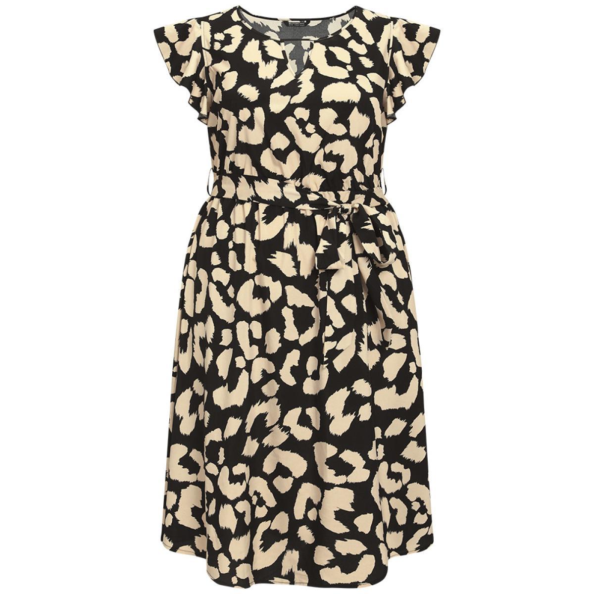 Plus Size Graphic Print Keyhole Pocket Belted Flutter Trim Dress Black Women Office Belted Round Neck Sleeveless Curvy Midi Dress BloomChic 10/M Product Image