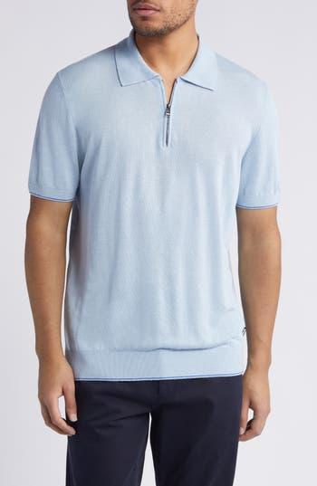 HUGO BOSS Zip-neck Polo Sweater In A Linen Blend In Light Blue Product Image