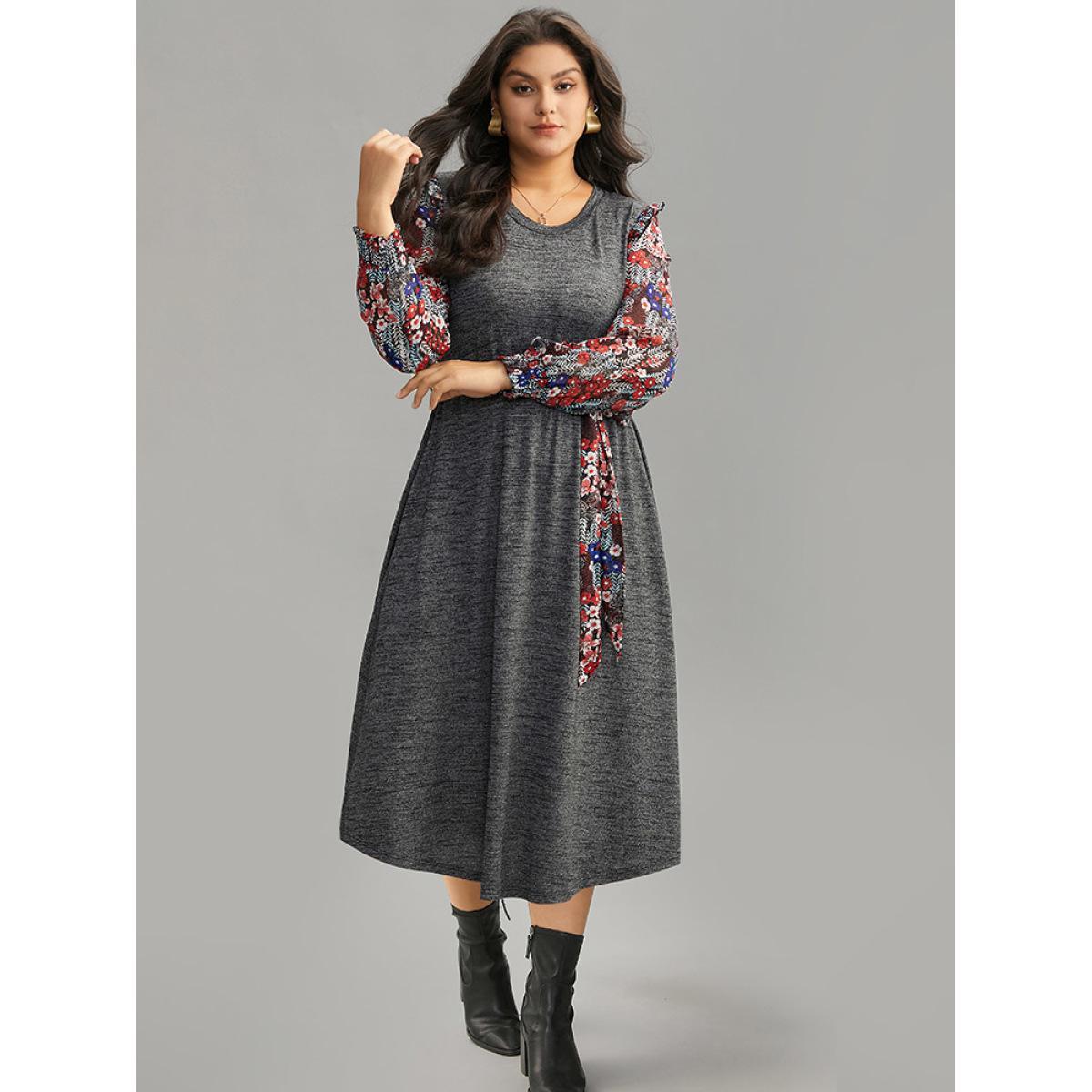 Plus Size Ditsy Floral Patchwork Ruffle Trim Belted Dress DimGray Women Casual Belted Round Neck Long Sleeve Curvy Midi Dress BloomChic 18-20/2X Product Image