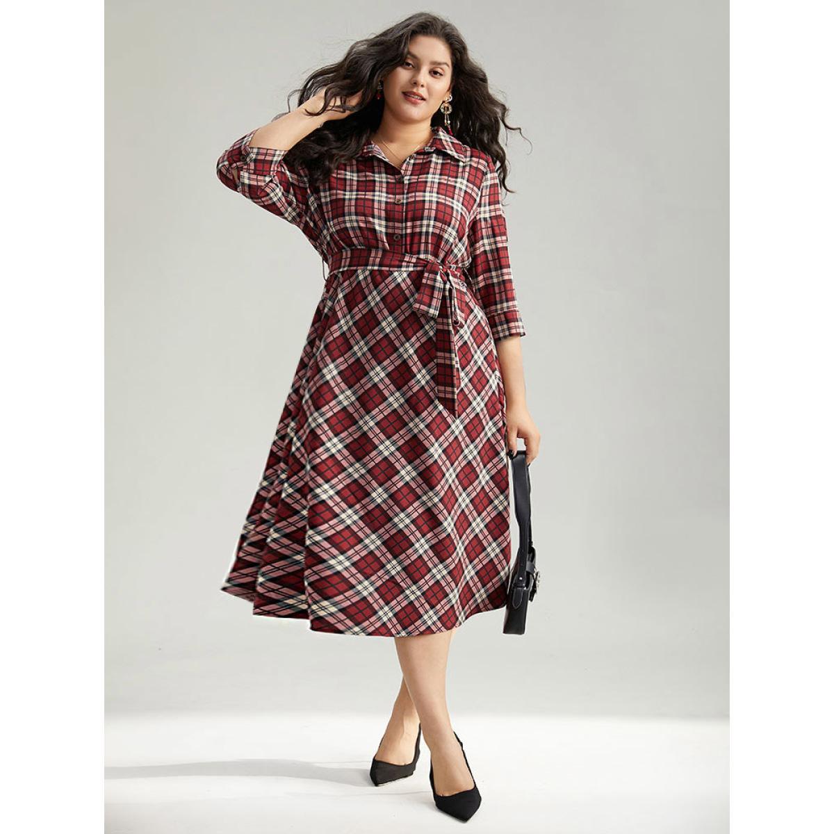 Plus Size Christmas Plaid Shirt Collar Button Up Belted Dress Burgundy Women Office Belted Shirt collar Elbow-length sleeve Curvy Midi Dress BloomChic 10/M Product Image