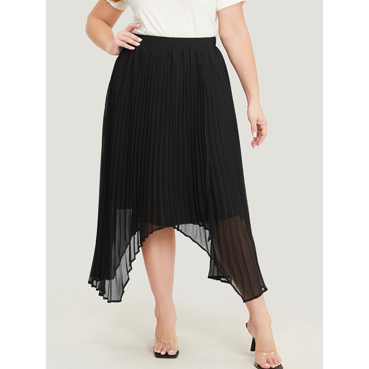 Plus Size Solid Mesh Pleated Detail Hanky Hem Skirt Women Black Elegant See through No stretch Dailywear Skirts BloomChic 28/5X Product Image