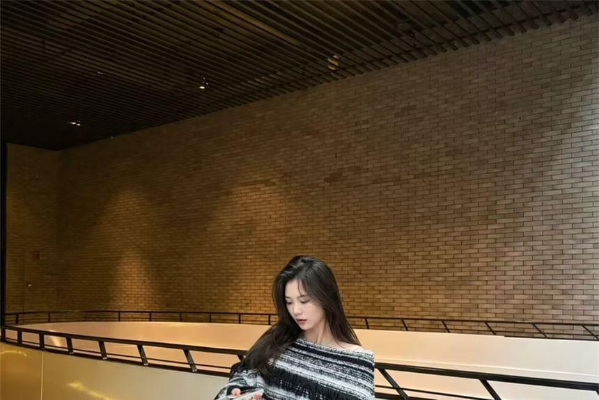 Long-Sleeve Off Shoulder Two Tone Knit Top Product Image
