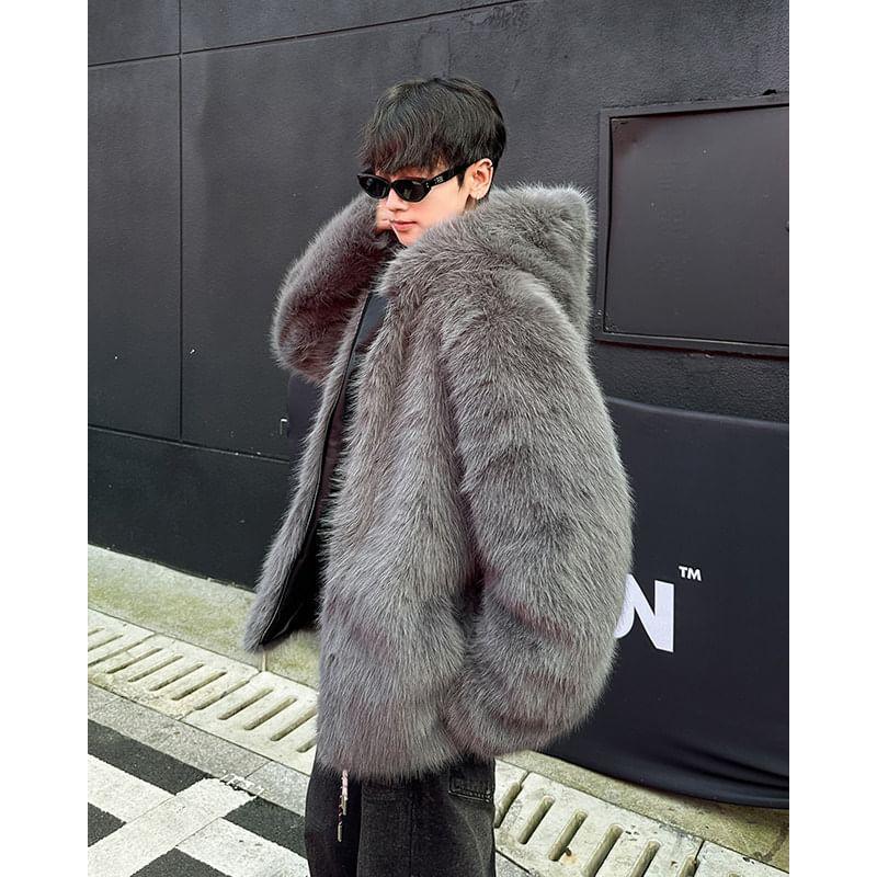 Hooded Plain Faux Fur Zip Coat Product Image
