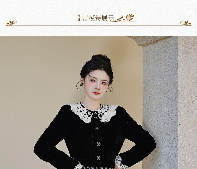 Collared Plain Lace Trim Button Cardigan / High Rise Plaid Midi Pencil Skirt / Set Product Image