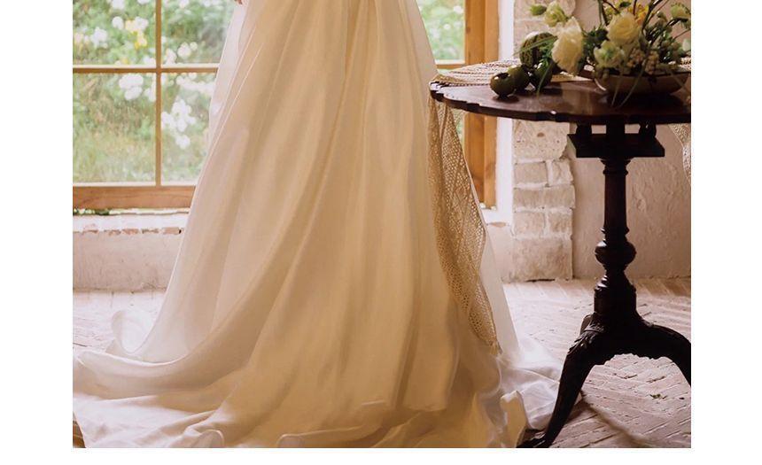 Short-Sleeve Off Shoulder Plain Ruched Panel Lace A-Line Wedding Gown Product Image