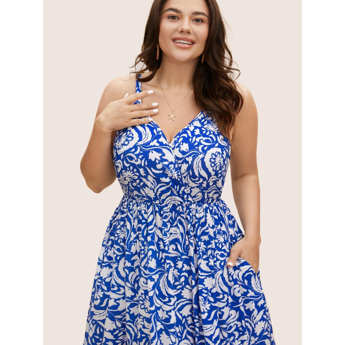 Plus Size Rayon Boho Print Wrap Cami Dress Brightblue Women Resort Ruffles Overlap Collar Sleeveless Curvy BloomChic 14-16/1X Product Image