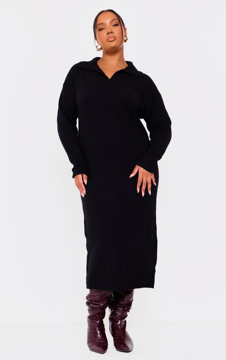 Plus Black Collar Detail Cosy Knitted Midaxi Dress Product Image