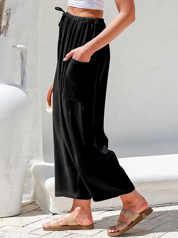 Column Loose Elasticity Pockets Solid Color Casual Pants Bottoms Trousers Product Image