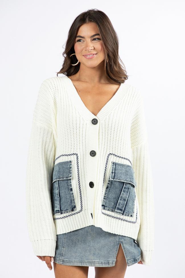 Living For Today Ivory Denim Pocket Cardigan FINAL SALE Product Image