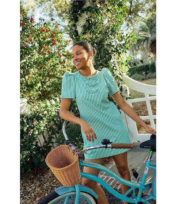 Abbey Glass Marty Stripe Print Crew Neckline Short Puff Sleeve Poplin Mini Shift Dress Product Image