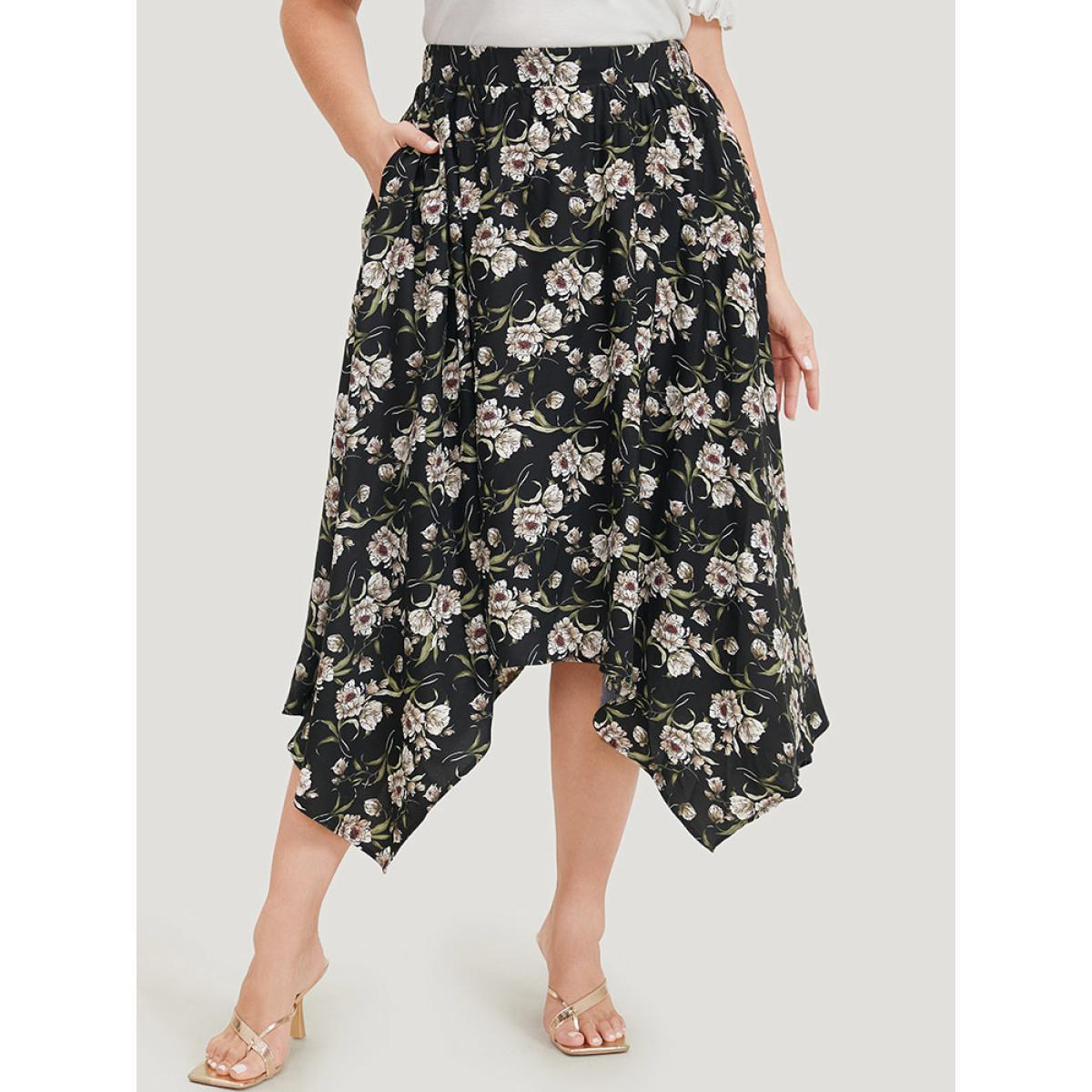 Plus Size Floral Print Pocket Elastic Waist Hanky Hem Skirt Women BlackFlower Elegant Printed No stretch Dailywear Skirts BloomChic 12/L Product Image